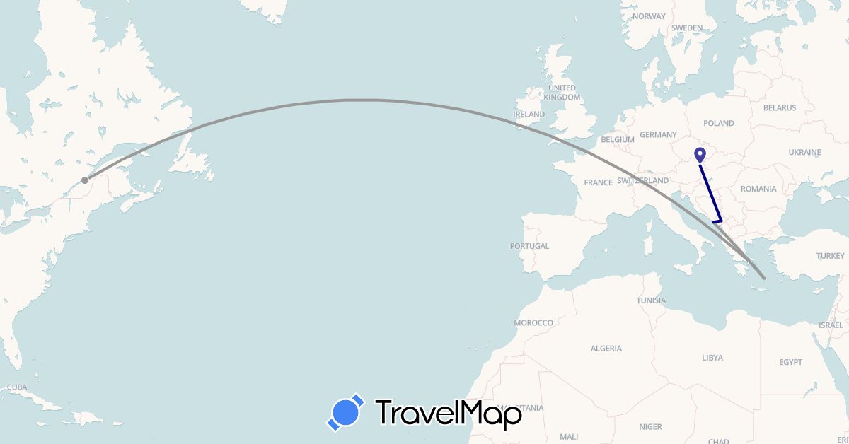 TravelMap itinerary: driving, plane in Austria, Canada, Greece, Croatia, Montenegro (Europe, North America)